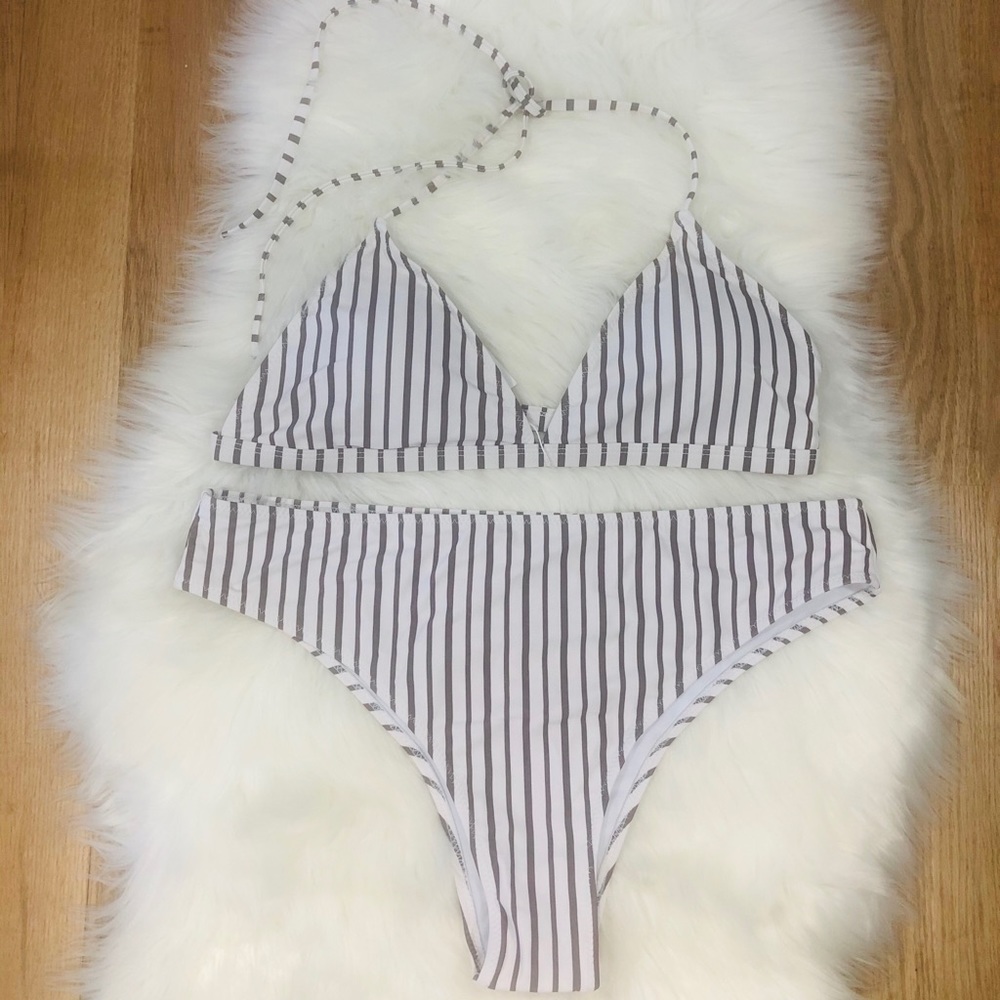 Zaful Brown Striped High Rise Bikini Size XXL